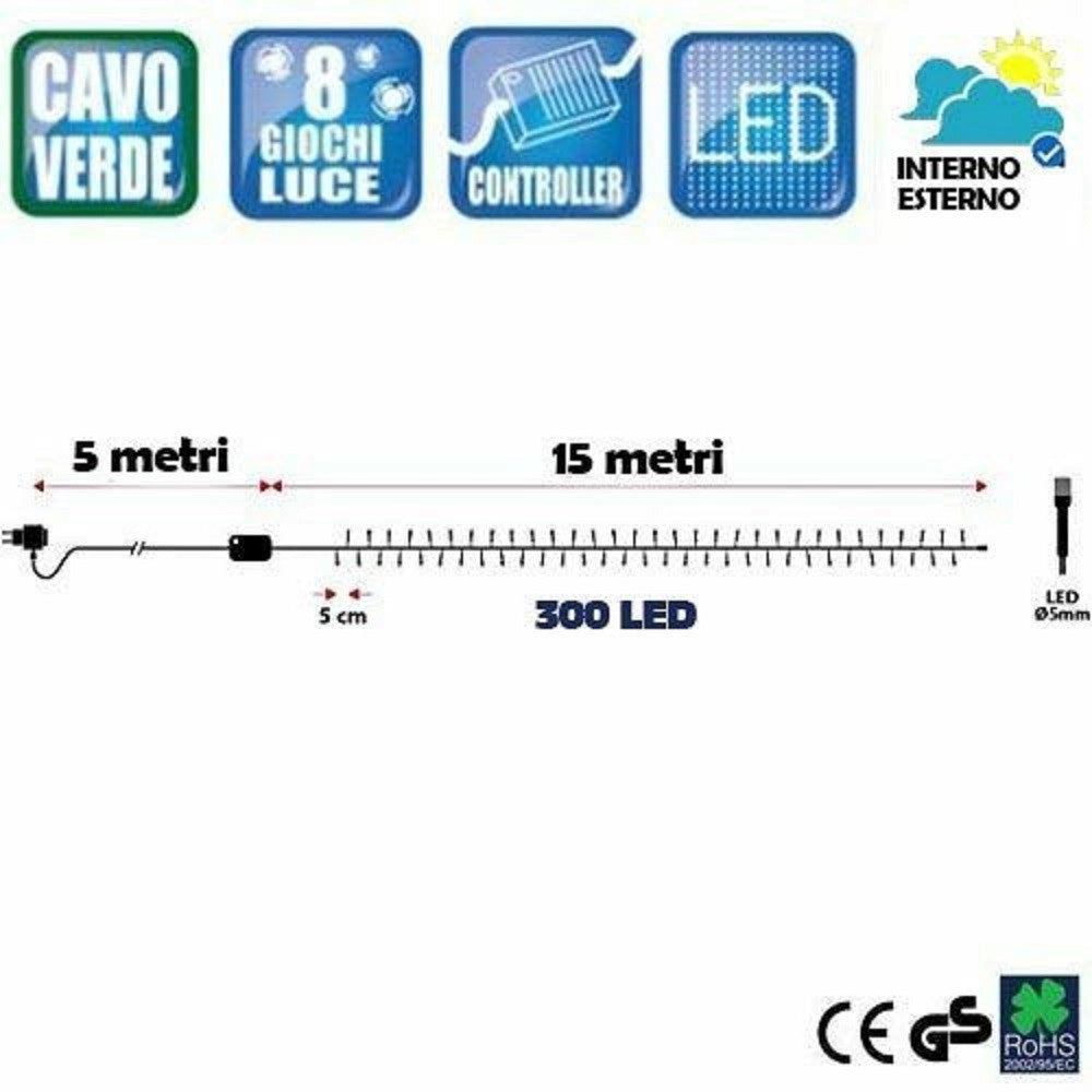 Trade Shop - Catena Luminosa 300 Luci Led Lucciole Multicolore Controller 8 Funzioni Esterno -