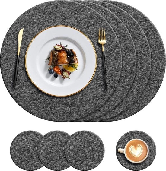 Set di assi e piatti di legno in pelle - resistente al calore - antiscivolo - lavabile - accessori decorativi - 100 °C - per uso domestico e hotel - per tavolo da pranzo interno ed esterno - nero