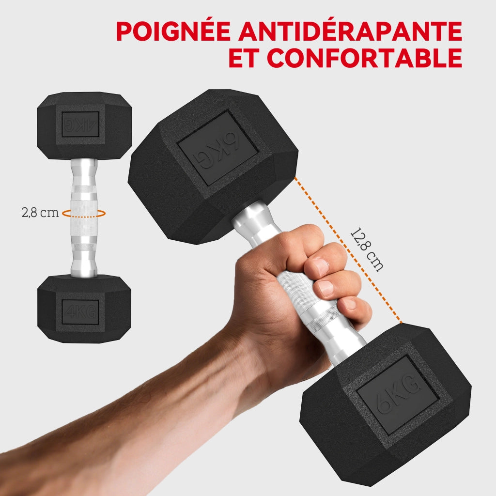 Set Manubri Esagonali con Supporto ¨C Xylo ¨C Rivestimento Gomma Impugnature Cromate Antiscivolo Nero