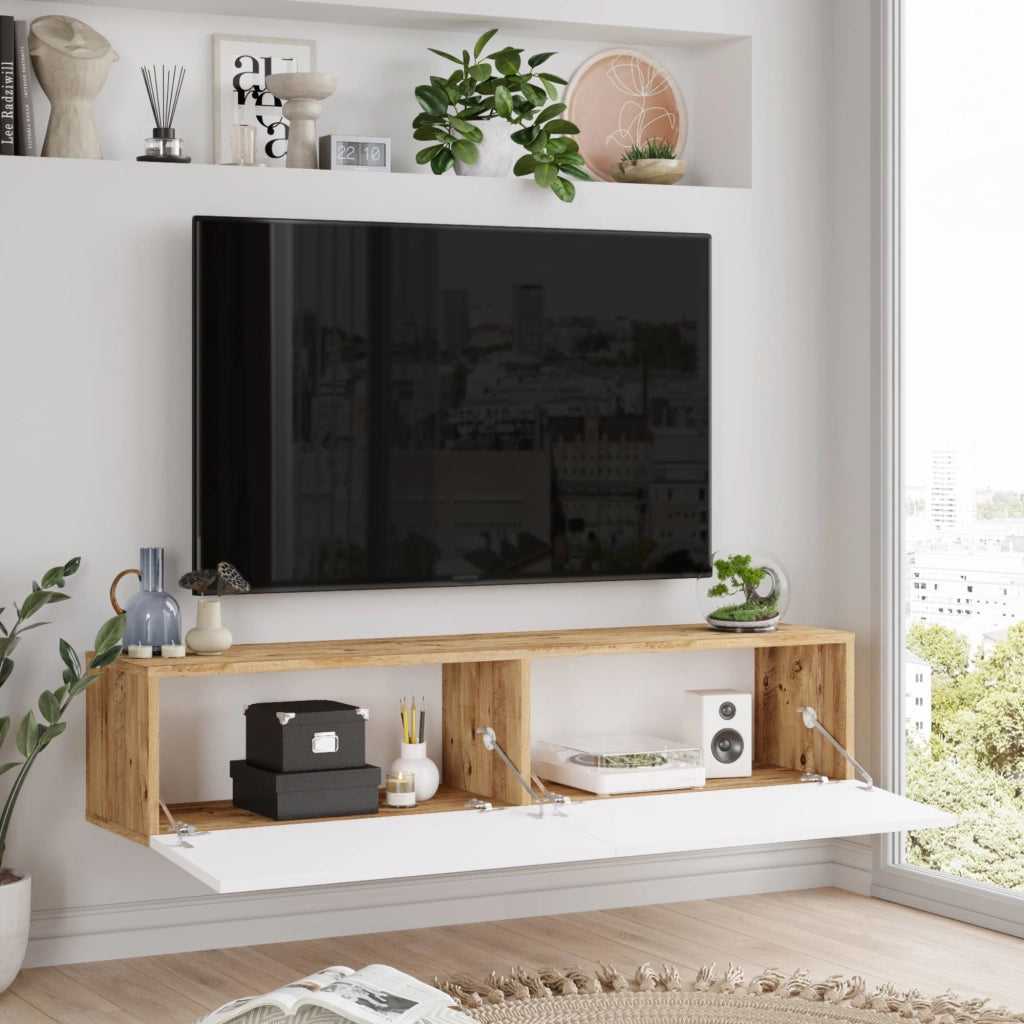 Mobile Porta TV Lapinlahti con 2 Ante a Ribalta Consolle da Parete 140 cm - Rovere Rustico/Bianco [en.casa]