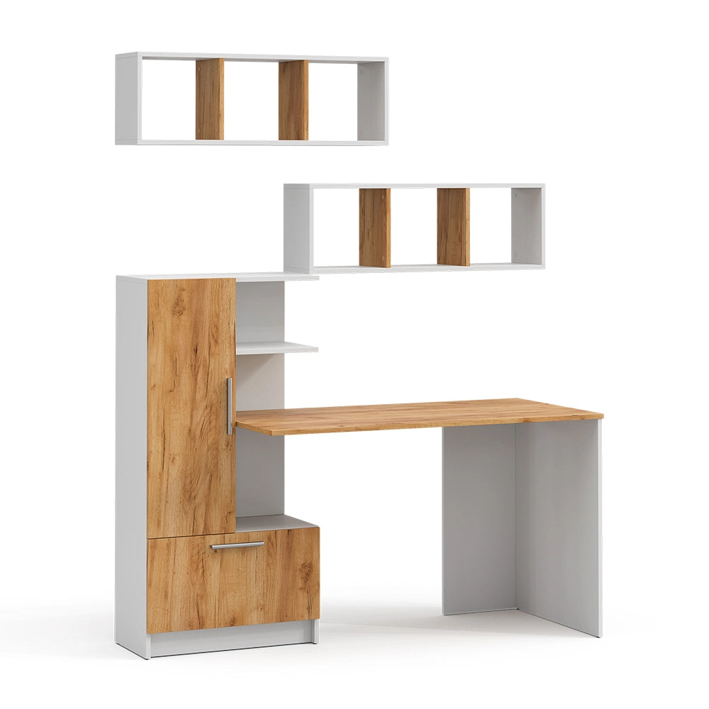 Set scrivania Tomy Bianco/Rovere dorato 150 x 59 cm Set di 3 come 2 ripiani + scrivania Vicco