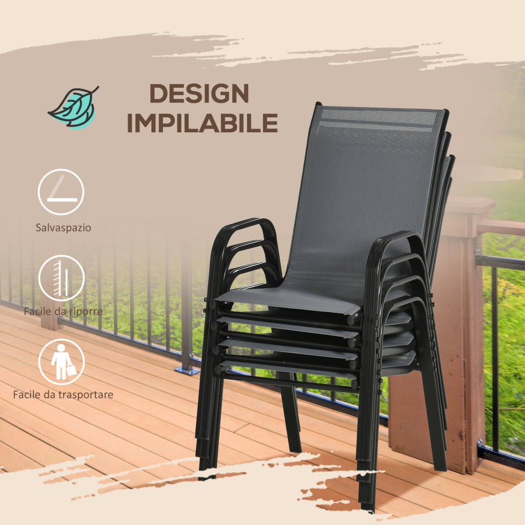 Set 4 Sedie da Giardino Impilabili con Braccioli ¨C Zephmum ¨C Grigio, Metallo, Tessato