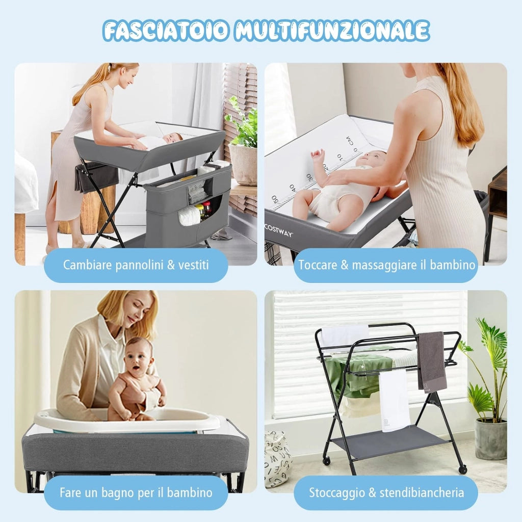 4-in-1 Fasciatoio Pieghevole con Rotelle, Altezza Regolabile, Fasciatoio Portatile con Portaoggetti Borsa e Ripiano, Fasciatoio Neonato 0-12 Mesi (Grigio)