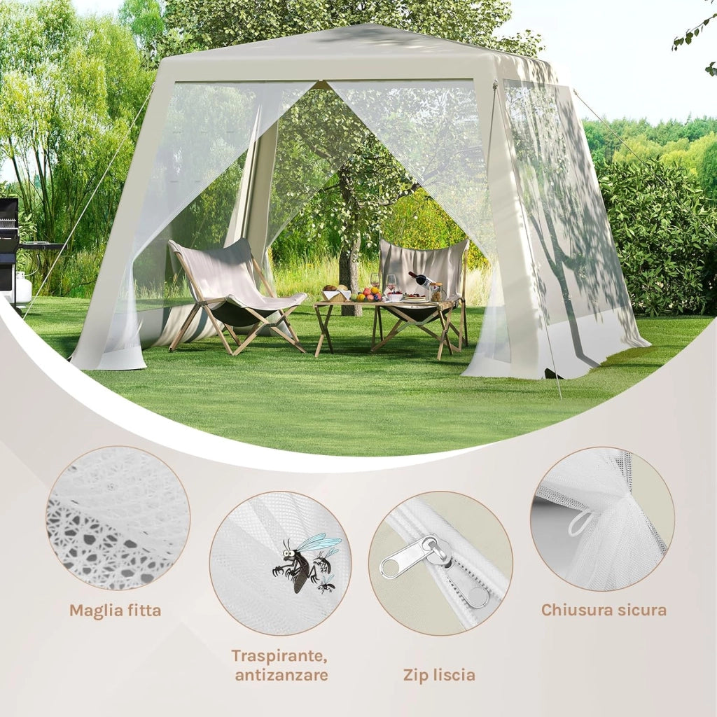 Gazebo 3x3 Pieghevole Idrorepellente, Pergolato da Giardino, Gazebo da Esterni, con Pareti Laterali a Zanzariera, per Campeggio, Feste, Beige