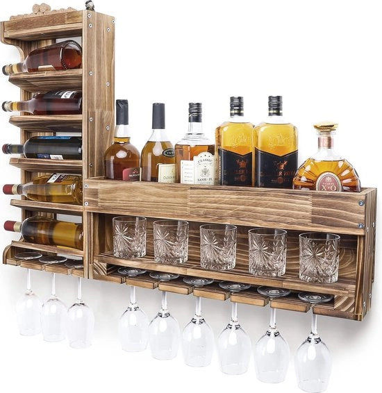 Bar da vino in stile vintage con contenitore per bicchieri e porta bottiglie in legno non trattato