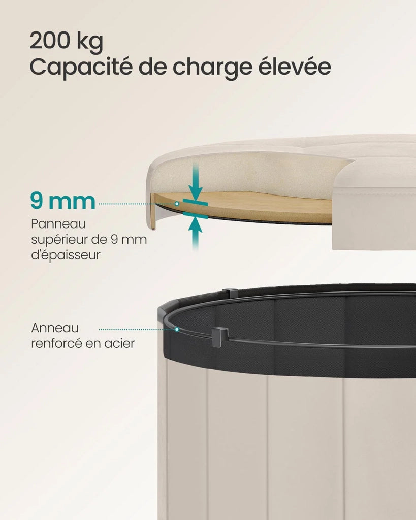 Sgabello/poggiapiedi rotondo con coperchio rimovibile 46 x 45 cm pieghevole facile da montare tessuto felpato per camera da letto soggiorno corridoio beige 12_0006351