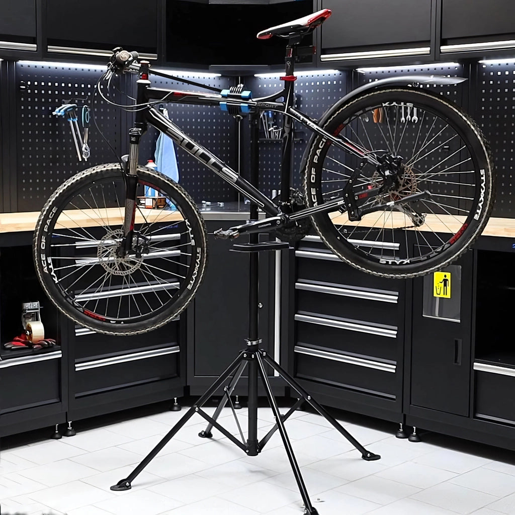 Shelter - Supporto per Riparazione Bici 198x104 cm Cavalletto Bicicletta con Porta Utensili in Acciaio Nero