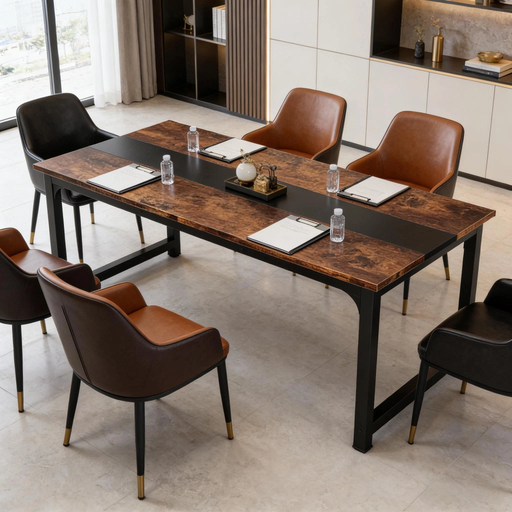 Scrivania lineare con ampio piano, struttura in metallo e legno, per home office, nero rustico, 160 × 80 × 75 cm