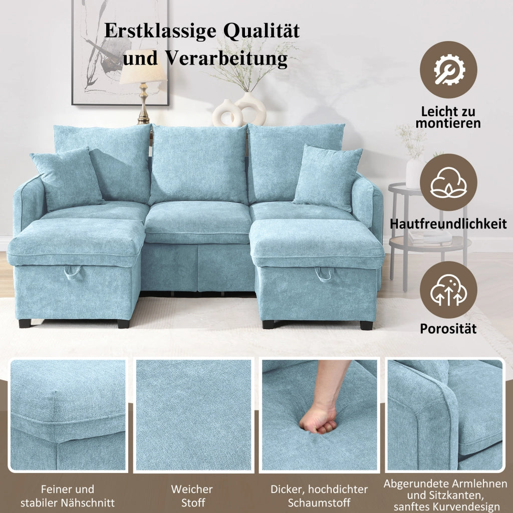 Divano angolare a U convertibile con funzione letto e contenitore, in chenille blu con pouf portaoggetti 3 pezzi