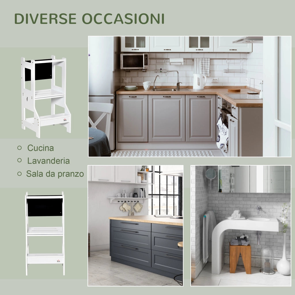 Scala Montessori 2 in 1 con Sgabello e Lavagna ¨C Xylo ¨C MDF Bianco per Bambini 3-6 Anni