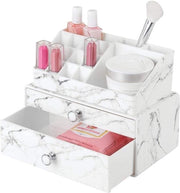 Organizzatore per trucchi con 16 compartimenti e 2 ante per trucco e smalti - organizzatore cosmetico per lavabi e tavoli da toeletta - bianco e grigio marmo