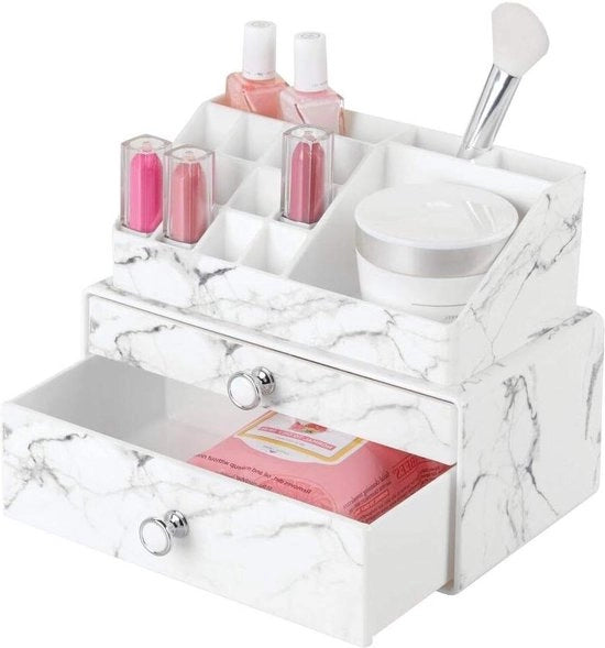 Organizzatore per trucchi con 16 compartimenti e 2 ante per trucco e smalti - organizzatore cosmetico per lavabi e tavoli da toeletta - bianco e grigio marmo