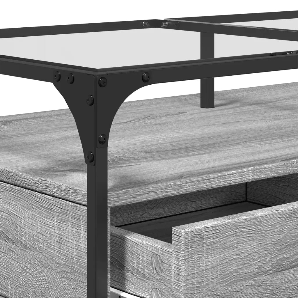 Tavolino con Piano in Vetro-Tavolino da soggiorno-Tavolo Grigio Cemento 98,5x50x45cm Acciaio