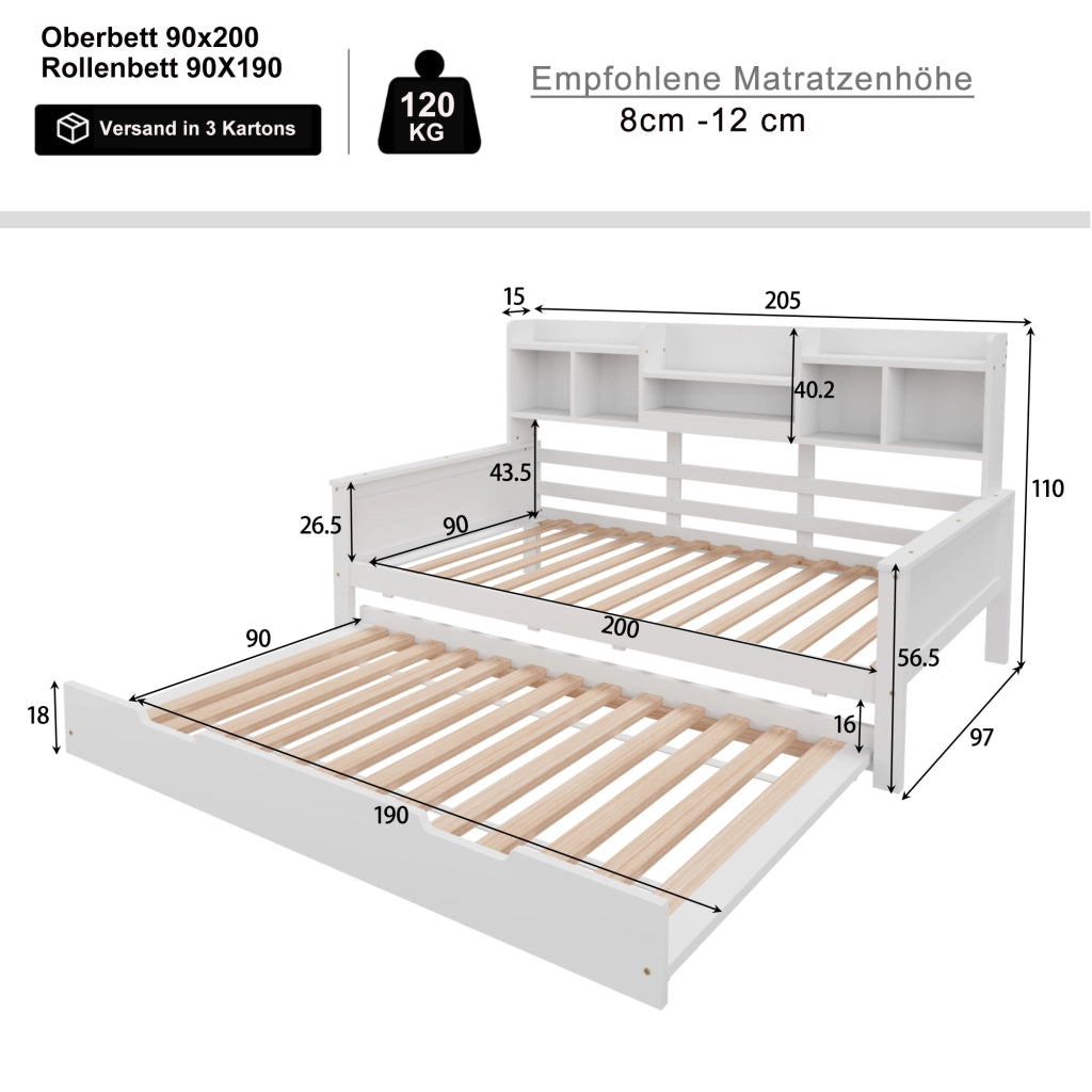 OKWISH Letto a Scomparsa 90×200 cm, Letto Singolo con Letto Estraibile 90×190 cm, Vani Portaoggetti e Cassetto, senza Materasso, Bianco