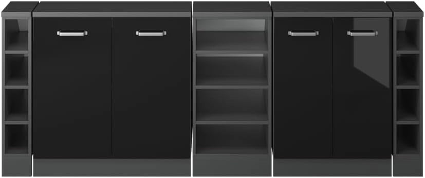 Set di mobili sottotetto Rion, Nero lucido, 210 cm Set di 5 carcasse armadio profondità 60 cm, adatto per il salvaspazio sotto tetti spioventi