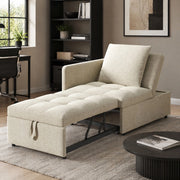 Divano Letto 3 in 1 in Tessuto di Lino, Schienale Reclinabile a 5 Posizioni, Beige, Struttura Salvaspazio