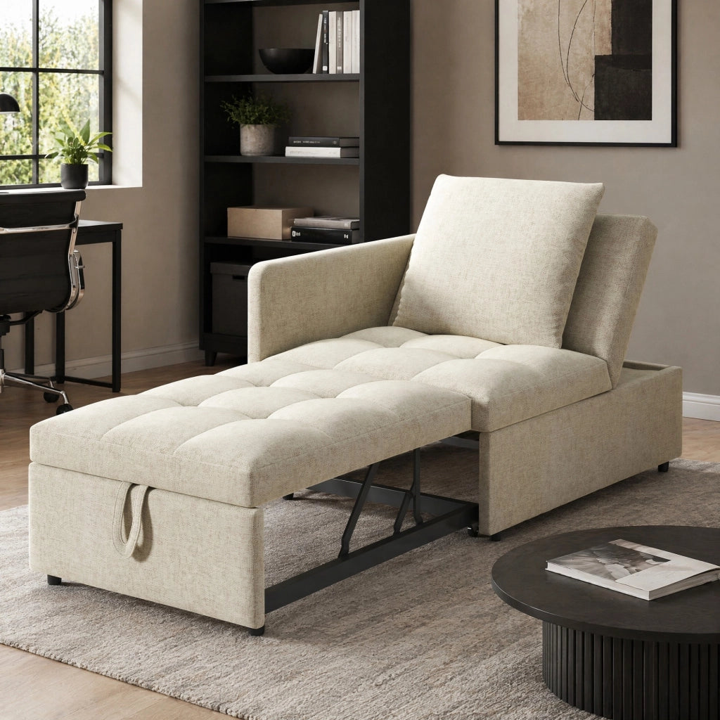 Divano Letto 3 in 1 in Tessuto di Lino, Schienale Reclinabile a 5 Posizioni, Beige, Struttura Salvaspazio