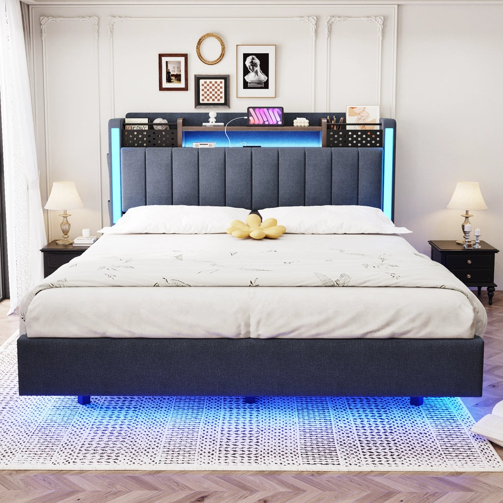 LETTO imbottito 140x200 cm Grigio con USB, LED e testiera con ripiani