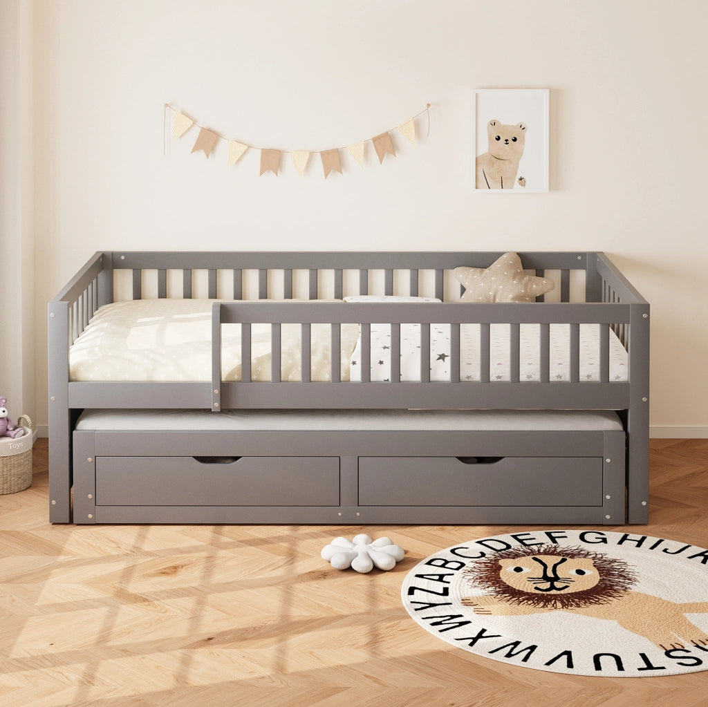 Divano letto 90x200 cm con letto estraibile e 2 cassetti in legno grigio