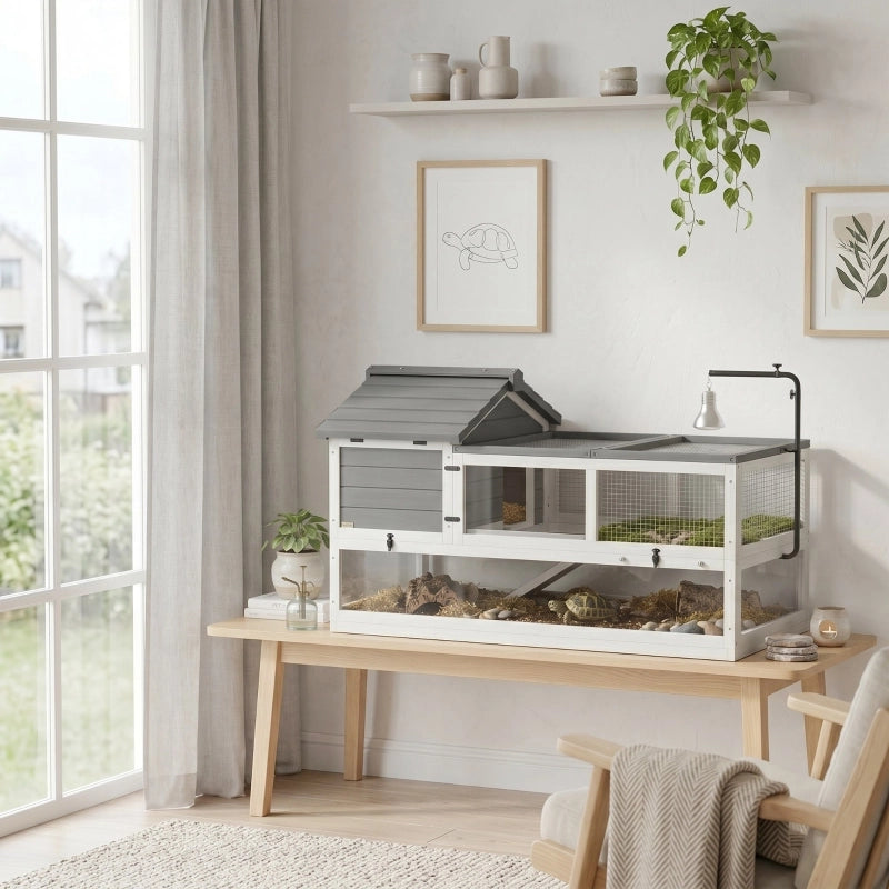 CASA PER TARTARUGHE Doppio livello in legno grigio con supporto lampada