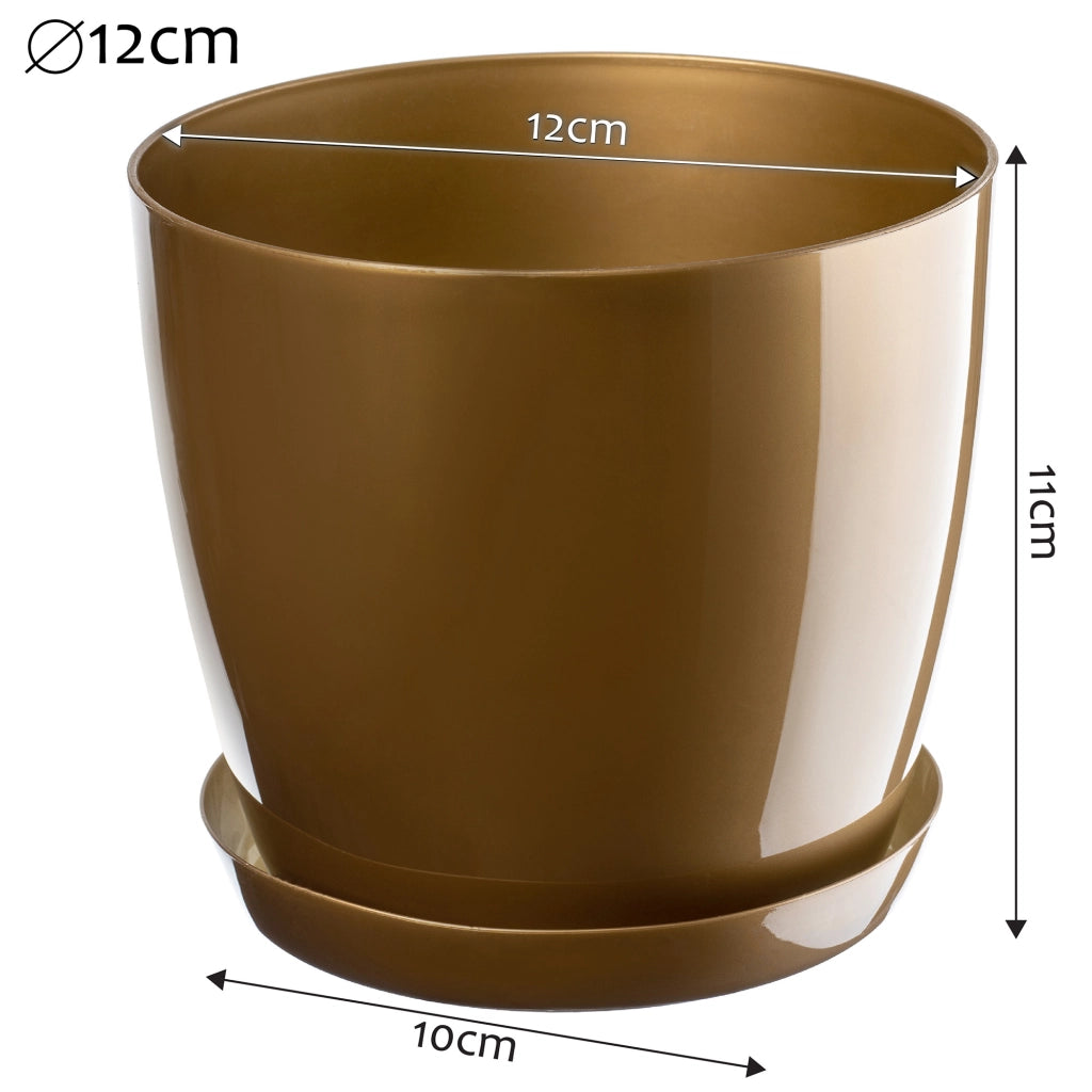 Vaso da fiori KADAX con sottovaso, coperchio in plastica, vaso da fiori dorato da 12 cm, Kadax