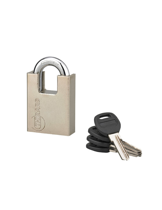 Lucchetto a chiave Quadra, guardia alta in acciaio, 50mm, arco temprato nichelato, 4 chiavi reversibili - Thirard