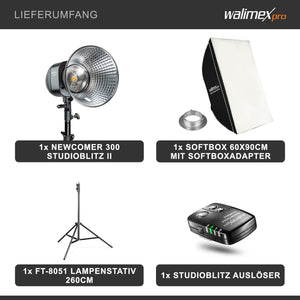 Newcomer 300 Set flash fotografico con potenza di 300 Ws, con radio a 2,4 GHz, softbox 60 x 90 cm e treppiedi per luci, per studio foto video