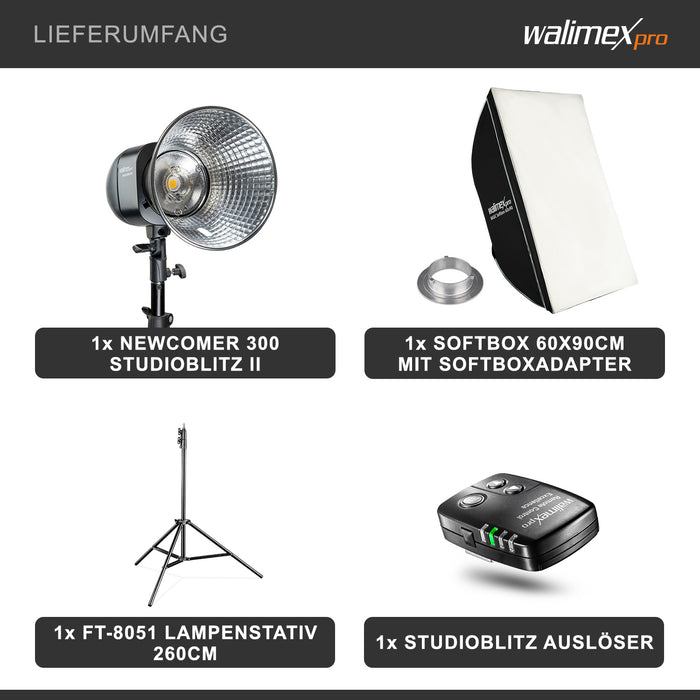 Newcomer 300 Set flash fotografico con potenza di 300 Ws, con radio a 2,4 GHz, softbox 60 x 90 cm e treppiedi per luci, per studio foto video