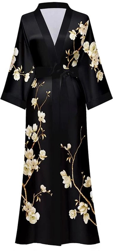 Kimono da camera per donna con lunghe maniche a fiori, abito da bagno morbido per ragazze del matrimonio (Nero - Magnolia)