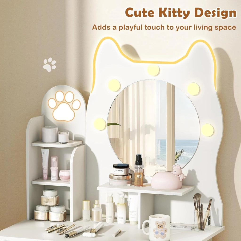 Toeletta con specchio, tavolo da trucco con luce LED a 3 colori, ripiani aperti, 2 cassetti e stazione di ricarica, a forma di gatto, 80 x 50 x 150 cm, toeletta compatta per camera da letto
