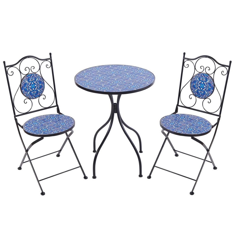 Set da bistrot da giardino in metallo nero con motivo a mosaico blu e struttura in ferro stile vintage esterno