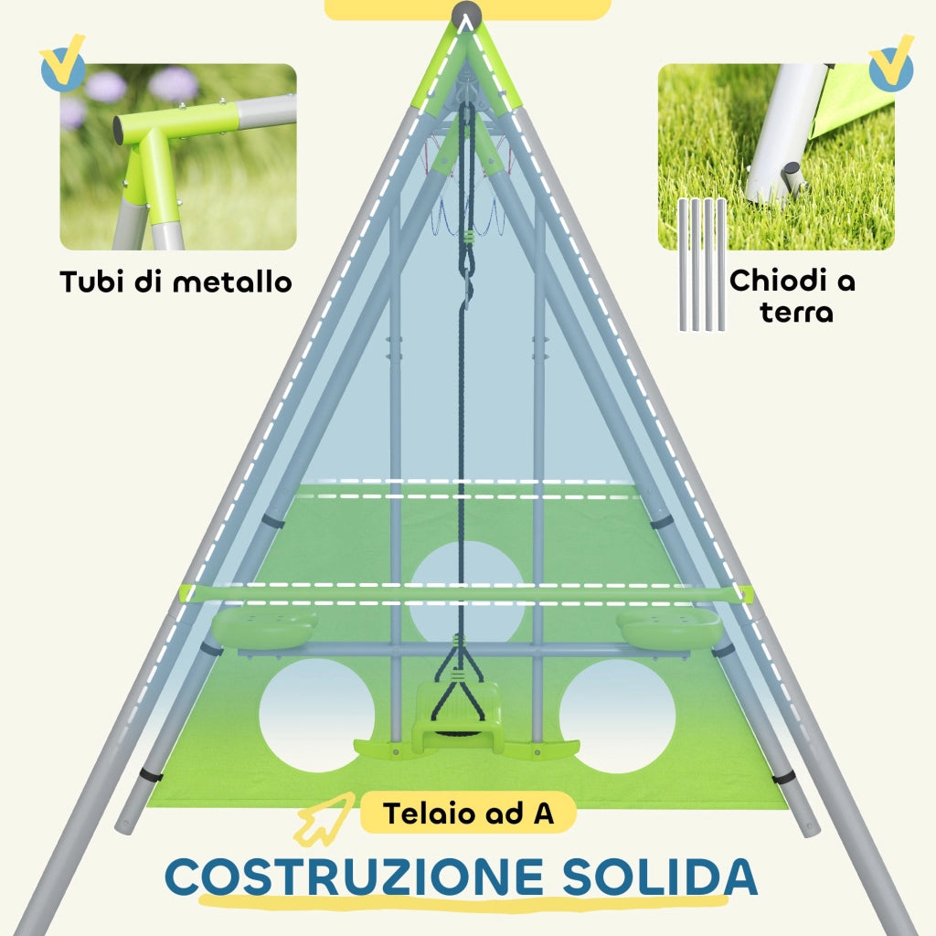 Gioco per Bambini 4 in 1 215x180x182 cm con 2 Altalene Canestro e Porta da Calcio Verde e Grigio