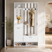 Guardaroba da ingresso 6 in 1 100 x 30 x 180 cm con 8 ganci; cassetti e panca; bianco