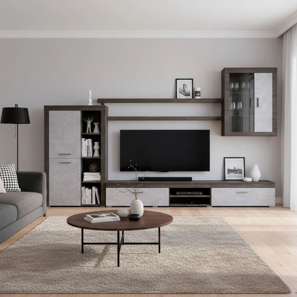 Parete Attrezzata Moderna Con Mobile TV Ante Vetrinetta Mensole E Vani A Giorno Moduli Sospesi Per Soggiorno Salotto 293 X 193 X 50 Cm Ossido E Grigio Cemento