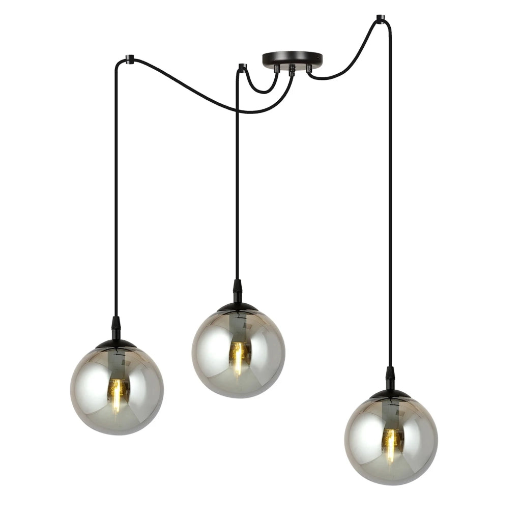 Lampadario 3 Luci Ginevra In Acciaio Nero Con Cavo Lungo E Vetri Fumè