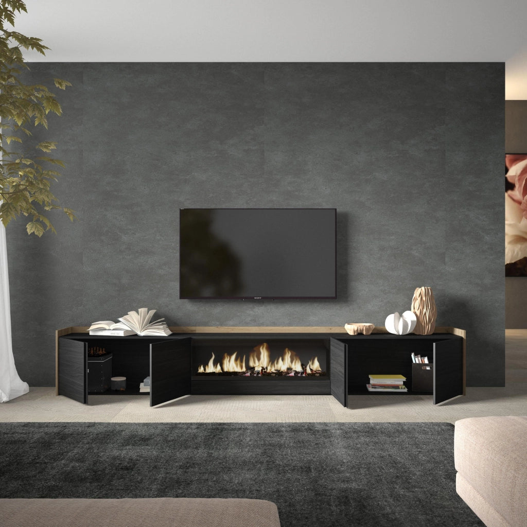 Mobile TV Soggiorno, 315x50x35 cm, Per TV fino a 80", Camino elettrico XXL, Nero e rovere