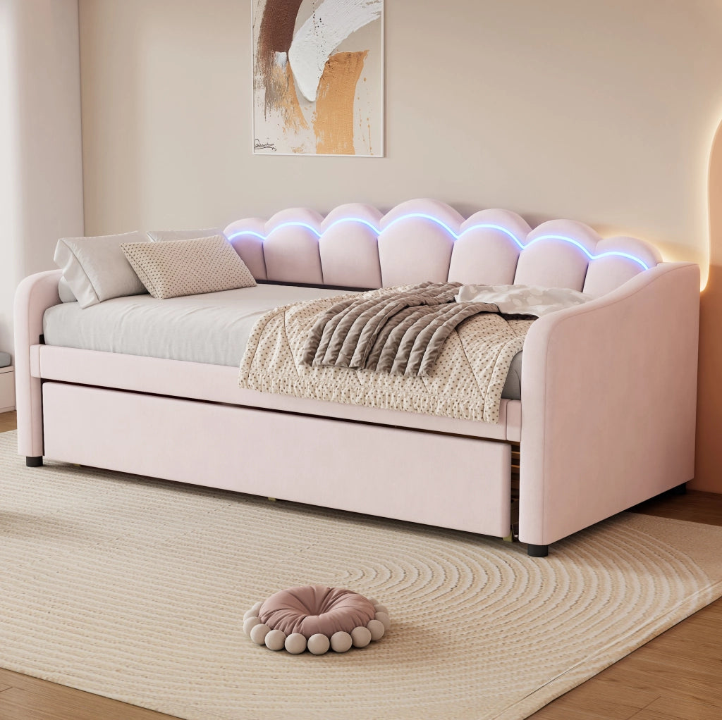Divano letto 90x200 cm estraibile; LED; velluto; rosa (Senza materasso)