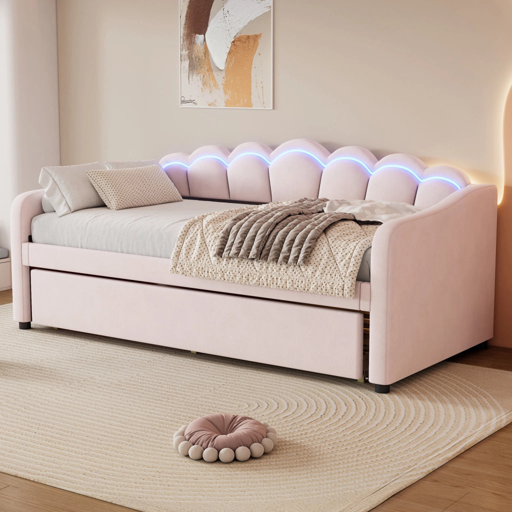 Divano letto 90x200 cm estraibile; LED; velluto; rosa (Senza materasso)