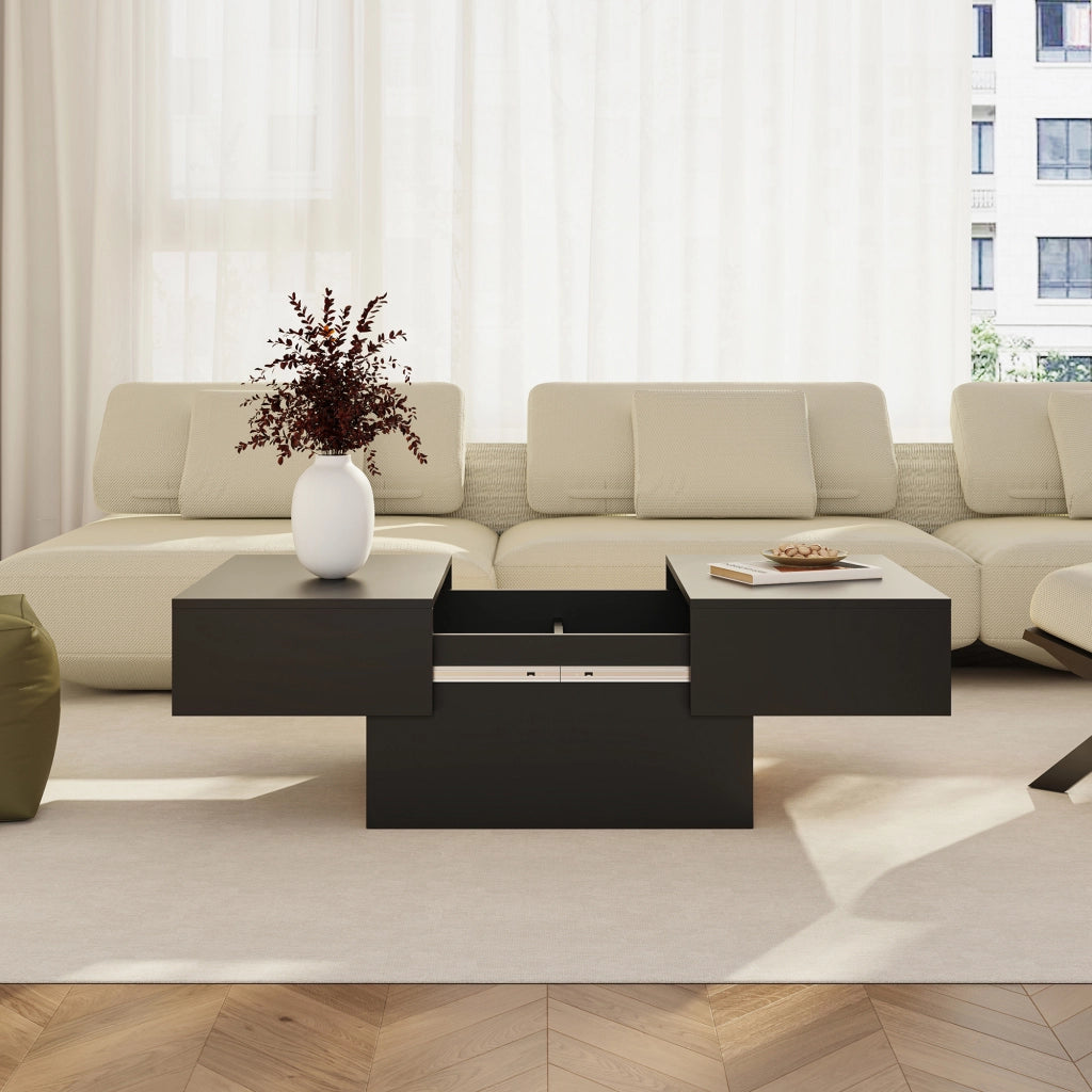 Tavolino Centrale Lens da Salotto con Piano Scorrevole 80 x 60 x 36 cm - Nero [en.casa]