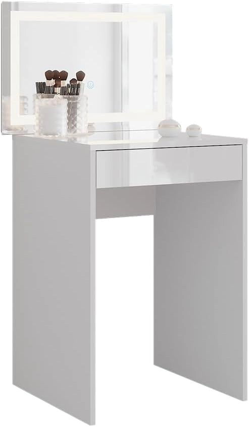 Tavolo da toeletta Sherry, Bianco/bianco lucido, 51.4 cm con specchio LED