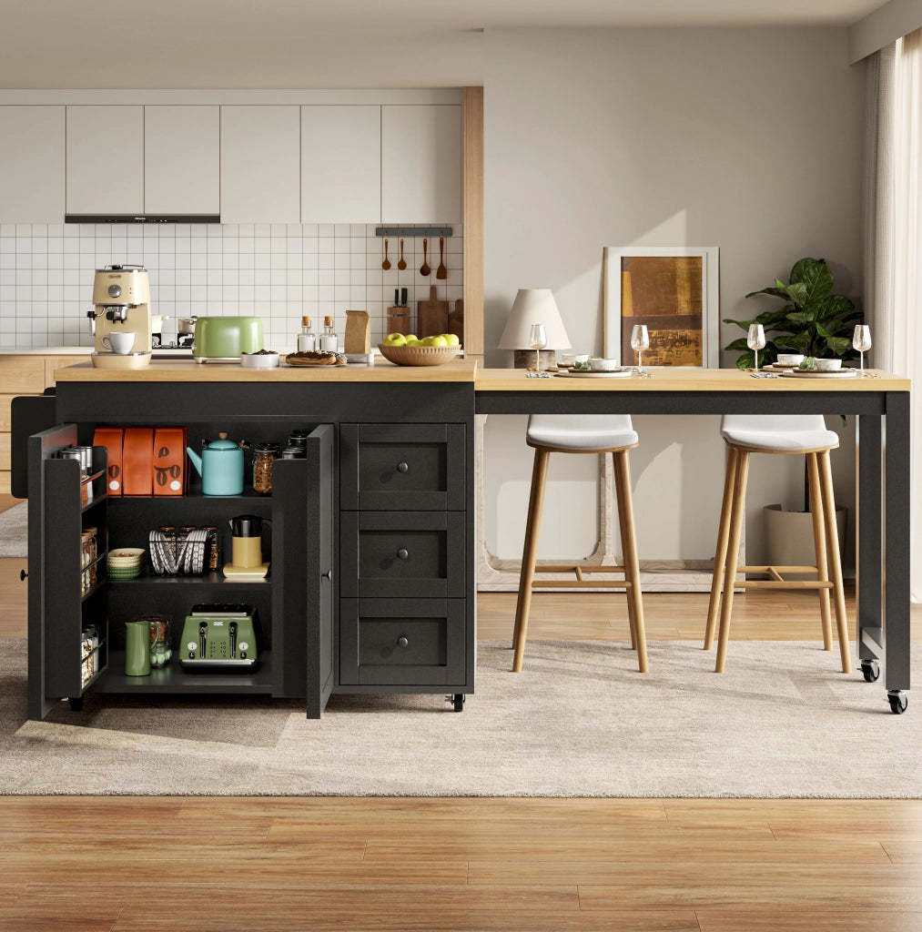 Isola da cucina mobile estensibile nera con 3 cassetti