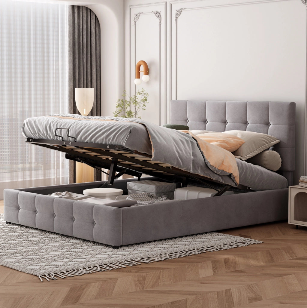 Letto imbottito 140x200 con contenitore idraulico e testiera regolabile