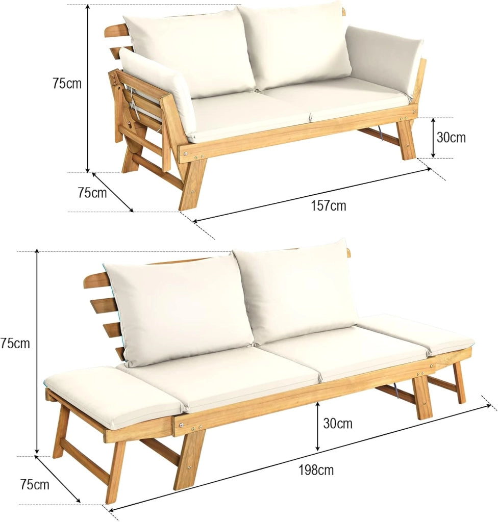 Divano Esterno da Giardino 2 Posti con Cuscino，Set da Giardino in Legno Certificato FSC，Sdraio da Giardino Pieghevole da 2 Persone,153/194 x 72 x 76 cm，Beige/Grigio