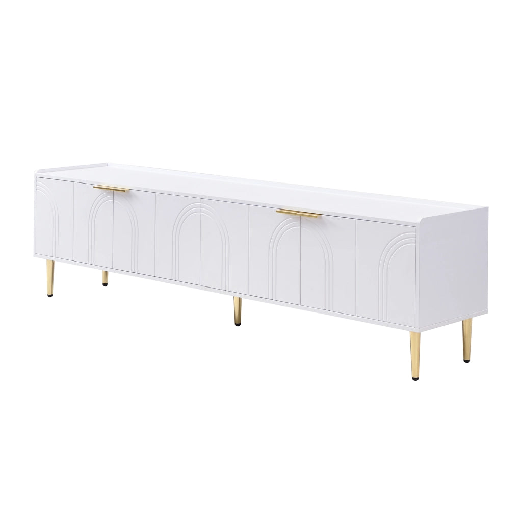 Mobile porta TV bianco in MDF con ante scolpite, maniglie e piedini dorati, passacavi, 170 × 35 × 47.5 cm