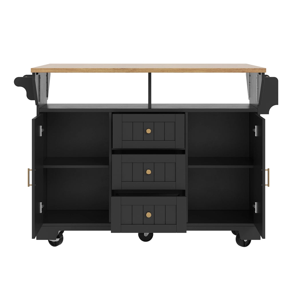 Carrello da Cucina con 2 Ante e 3 Cassetti; Piano Pieghevole; in MDF e Metallo; 120x40x95 cm; Nero