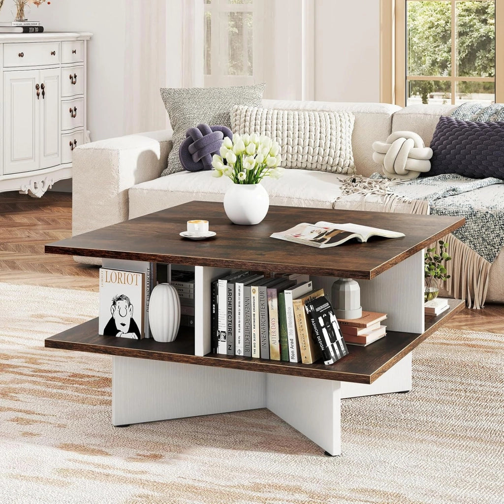 Tavolino quadrato a 2 livelli, tavolino da caffè in legno con 4 scomparti aperti e base a forma di X, 60 x 60 x 33 cm, tavolino per soggiorno, ufficio (marrone+bianco)