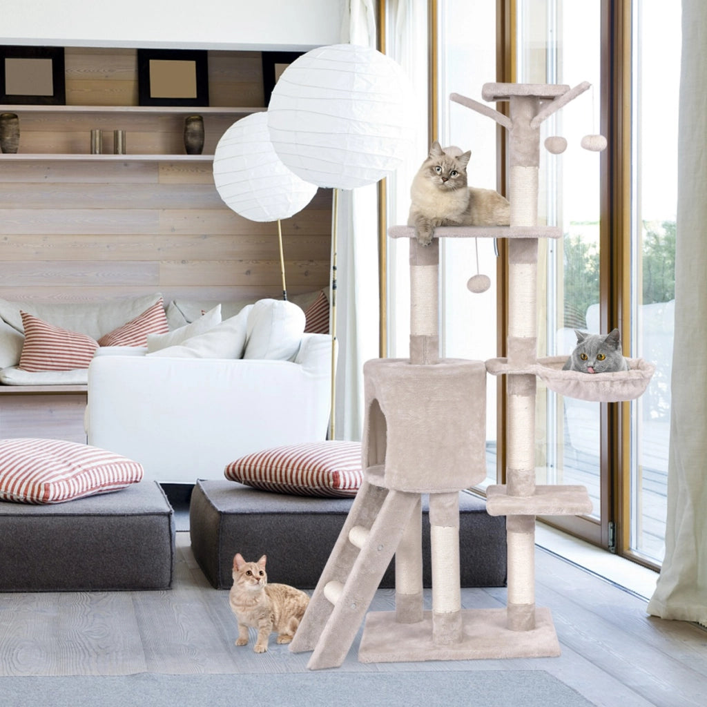 Torre multi-livello per gatti con tiragraffi in sisal e palline pendenti, Centro attivit¨¤ per gattini da interno Beige