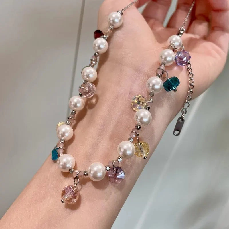 Collana e bracciale fatti a mano con perline colorate, cristalli e perle, regalo di Natale o di compleanno.