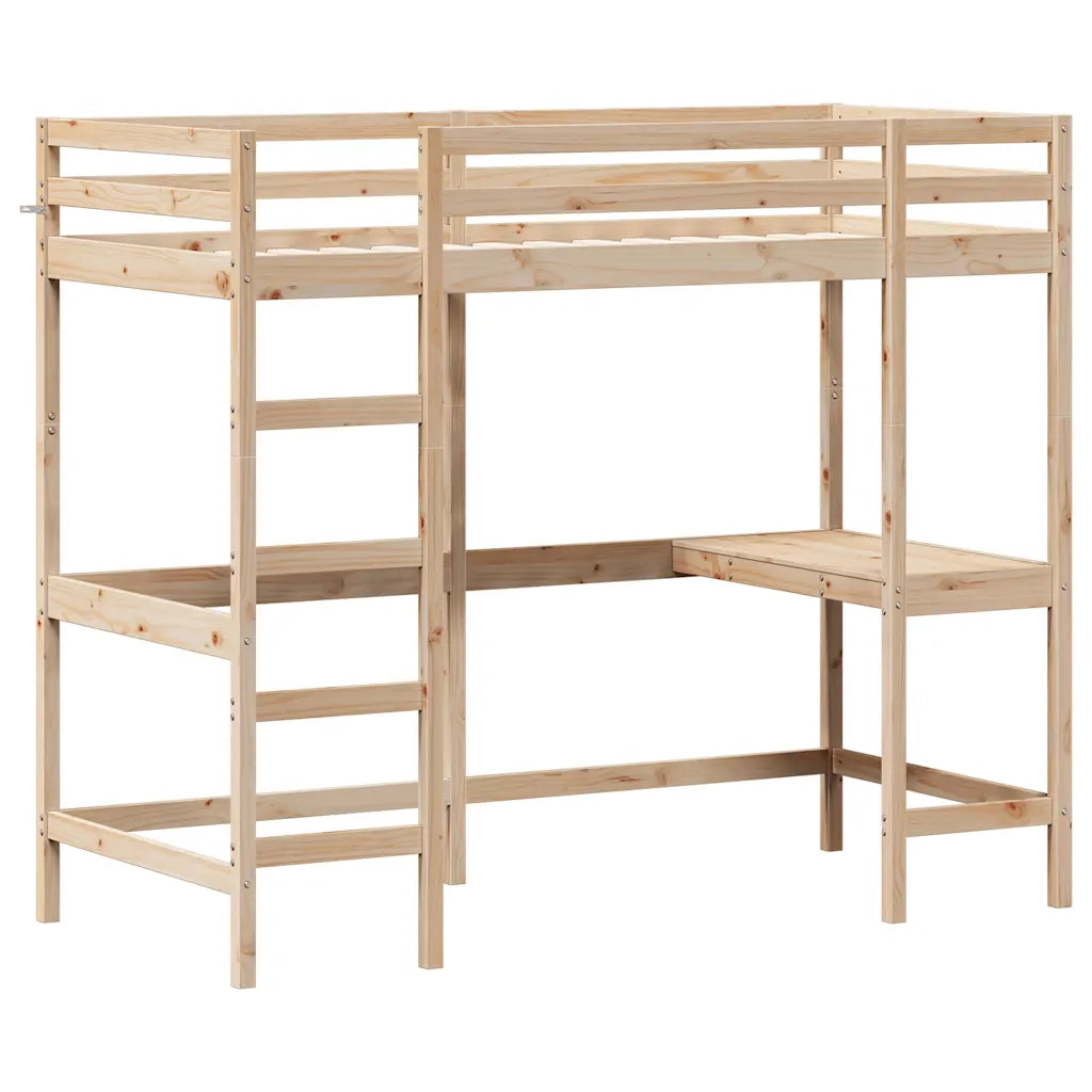 Letto singolo | Letto per adulti | Letto Soppalco con Scrivania 90x190 cm Legno Massello Pino