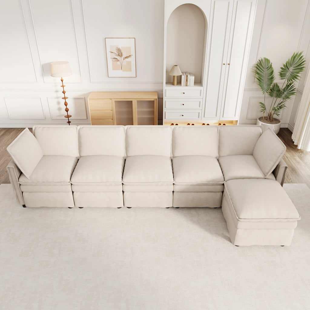 Divano modulare a U con funzione letto e pouf mobile in chenille beige con seduta doppia 6 posti 344 × 127 × 91 cm